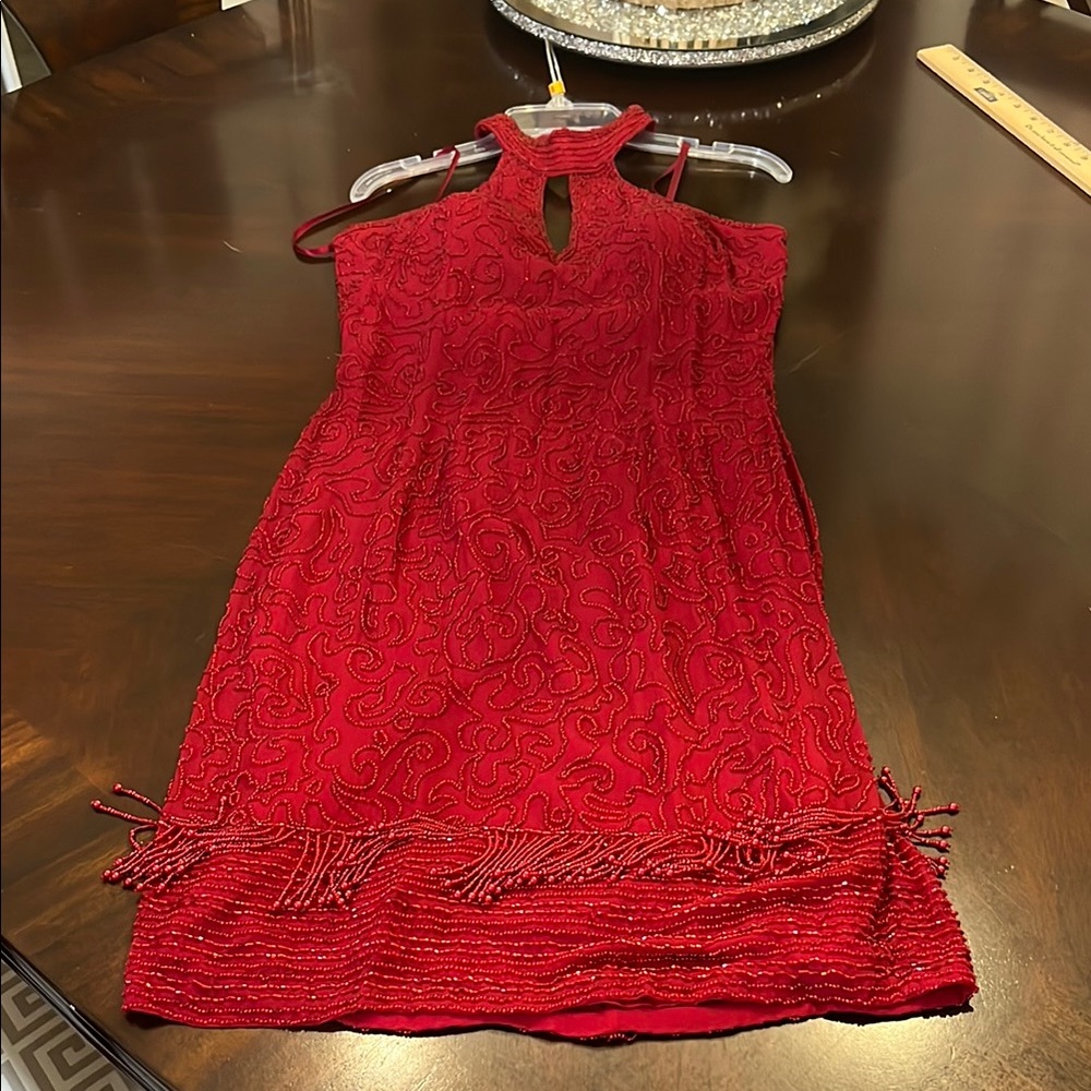 Beaded Red Halter Cut Out Mini Dress for Cocktail